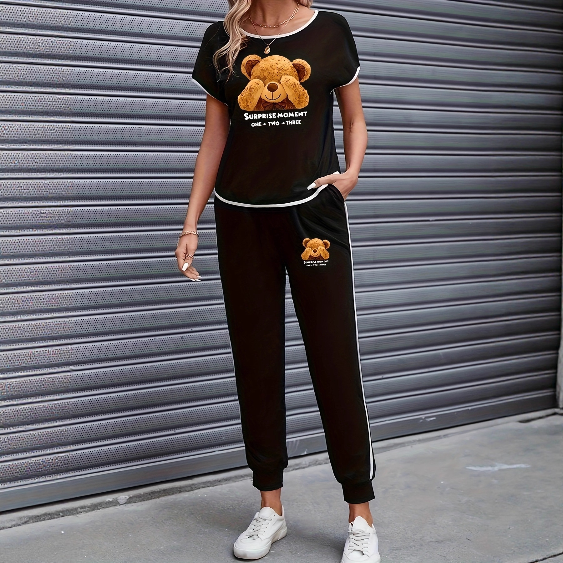 Damenbekleidung Color Block Trim Casual Anzug im amerikanischen Stil, schlichte, lockere Passform, Kurzarm, Frühling, Sommer, Herbst, Neu_voghion.com