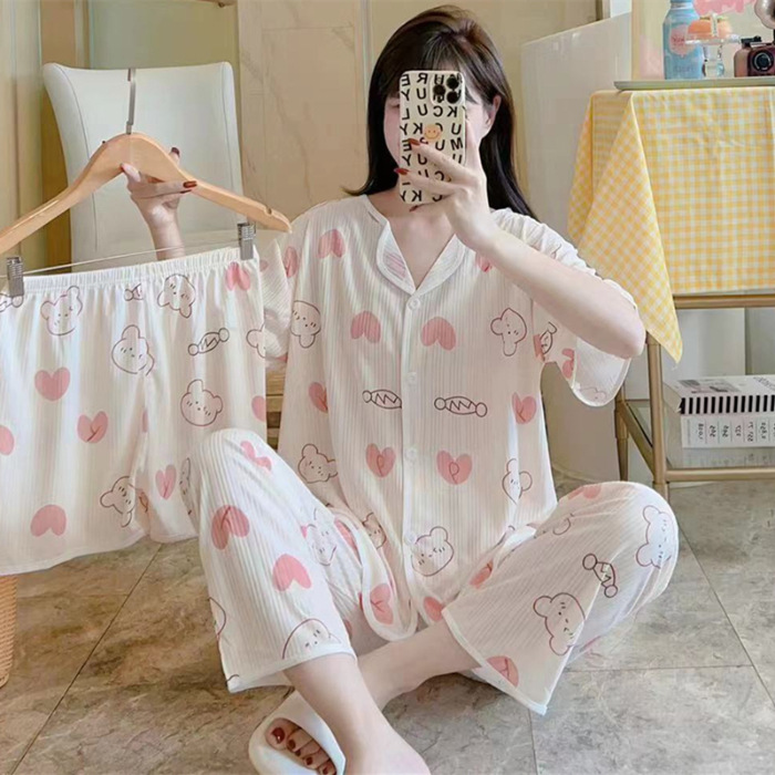 Nuevo estilo pijamas traje de tres piezas de las mujeres pijamas de estilo coreano de verano dulce ins estilo desgaste para el hogar conjunto de tres piezas entrega de una pieza
