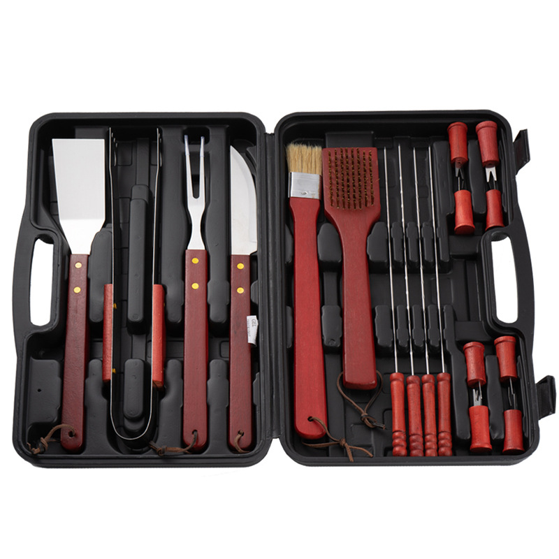 Fábrica al por mayor mango de madera traje combinación de acero inoxidable parrilla al aire libre barbacoa plástico caja de plástico 19 piezas herramientas de barbacoa