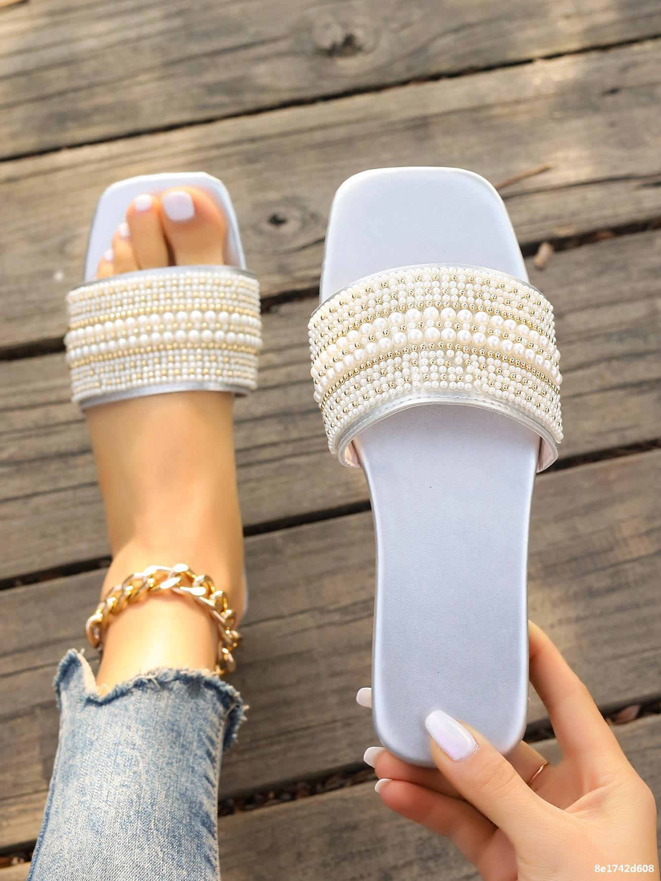 Women's Casual Solid Color Pearls Open Toe Slides Slippers display picture 18