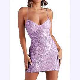 2025跨境欧美中东夏季新款亚马逊性感吊带复古亮片晚礼服短连衣裙