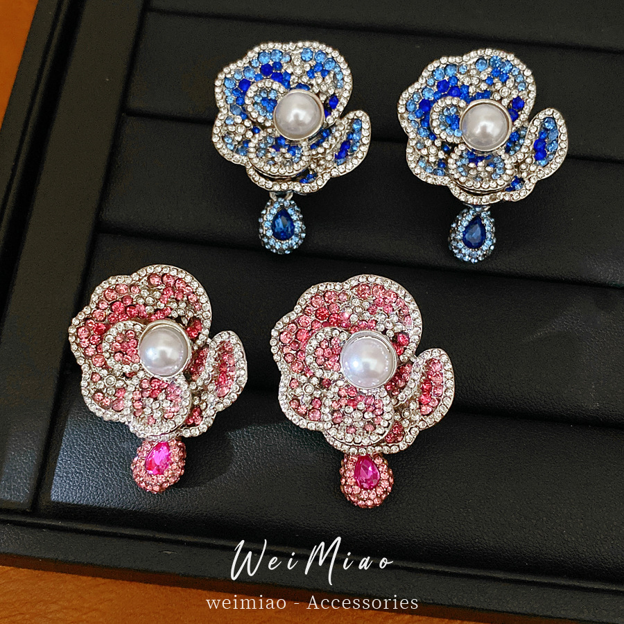 Medieval vintage aguja de plata con diamantes flores perlas pendientes exquisitos pendientes de estilo retro lujo ligero alta sensación de pendientes image 1