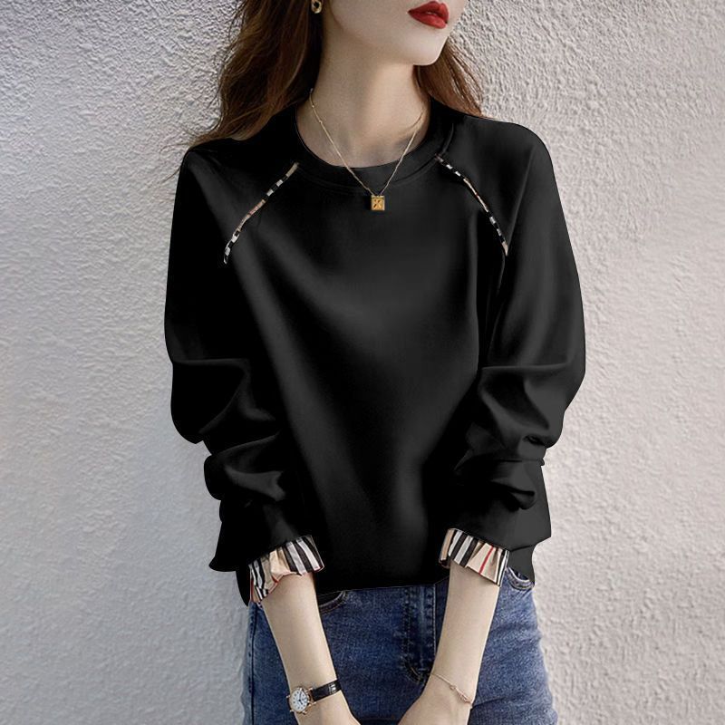 Thin Cotton Sweatshirt for Women 2025 Spring & Fall New Korean Style Hoodless Loose Pullover Long-Sleeved Round Neck Fake Two-Piece Top Trendy
