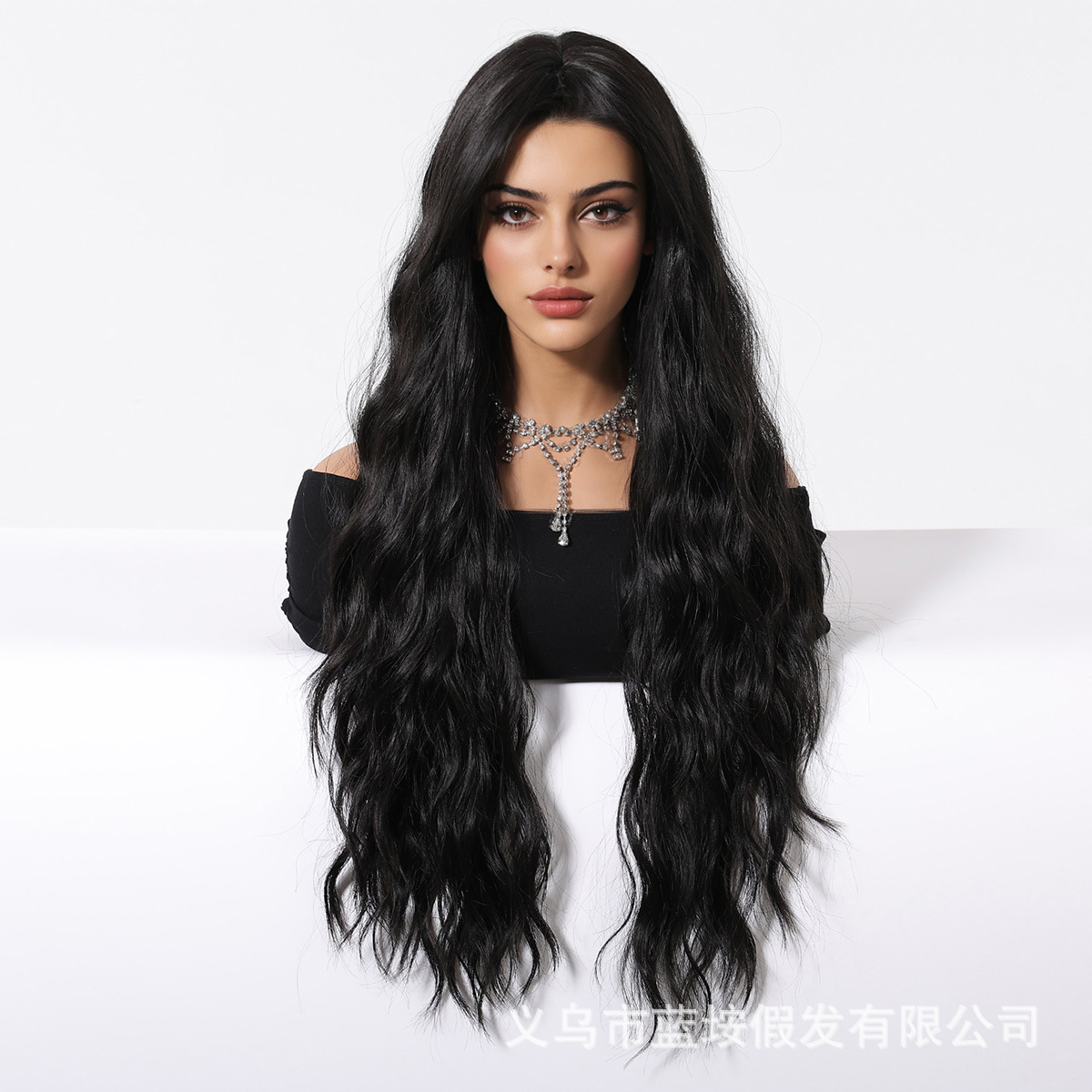 Peruca de comercio exterior europea y americana cabello rizado largo negro ondulado fibra química cabeza completa peluca fábrica al por mayor