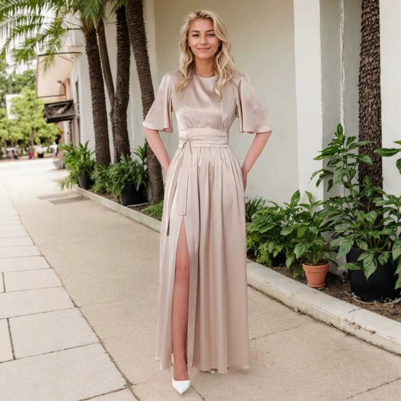 Champagne-colored satin bridesmaid dress with round neck, waist-cinching straps, slit, long gown, elegant evening dress for women Champagne-colored satin bridesmaid dress with round neck, waist-cinching straps, slit, long gown, elegant evening dress for women