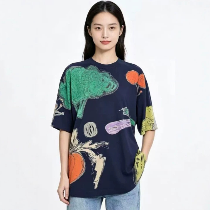 Jiangnan** Mall's Same Style 2026 Summer New Fashion Casual Loose-Fitting Fruit and Vegetable Pattern Printed Short-Sleeve T-Shirt Jiangnan** Mall's Same Style 2026 Summer New Fashion Casual Loose-Fitting Fruit and Vegetable Pattern Printed Short-Sleeve T-Shirt