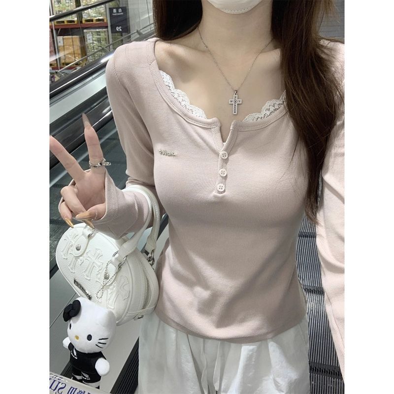 纯欲蕾丝花边正肩长袖T恤女2025秋冬季新款修身内搭打底衫上衣ins