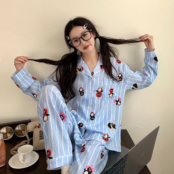 Al por mayor transfronterizo de otoño pantalones de mangas largas pijamas mujeres nubes de algodón estilo coreano dibujos animados dulces con solapa red cardigan set