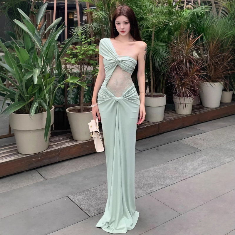 Cross-Border 2026 Summer New European and American Style Women's Solid Color Hollow Lace Pattern One-Shoulder Ruched Long Dress Cross-Border 2026 Summer New European and American Style Women's Solid Color Hollow Lace Pattern One-Shoulder Ruched Long Dress