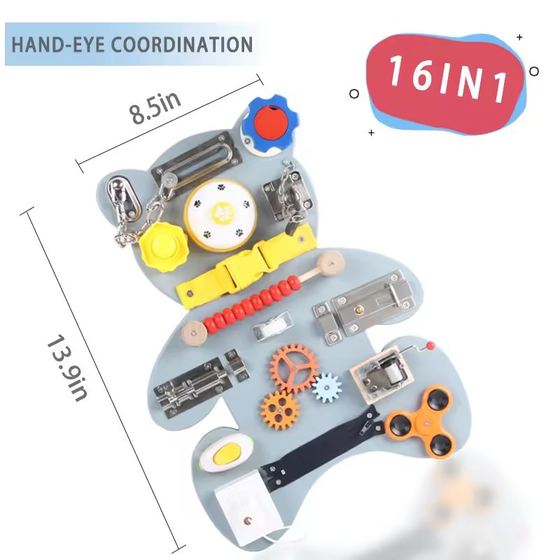 Amazon Wood Bear Tablero ocupado Niños Montessori Juego de pared Abra la puerta Tablero de desbloqueo Juguetes educativos