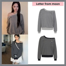 韩版现货Letterfrommoon一枝南南曾可妮允仔同款条纹露肩宽松卫衣