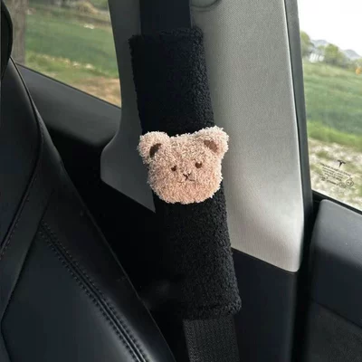 High Luxury Cartoon Safety Belt Seat belt shoulder pad - lambskin-black-shoulder-pads-rice-bear-head