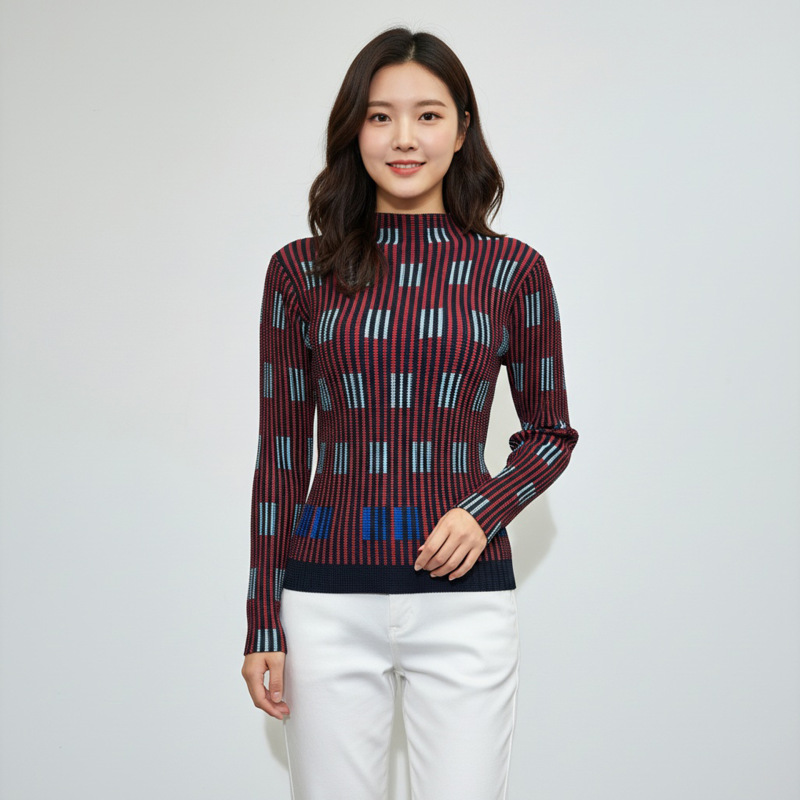 2026 Autumn New Miyake Style Fashionable Versatile Pleated Printed Stretch Slimming Corn Grain Base Shirt for Women
