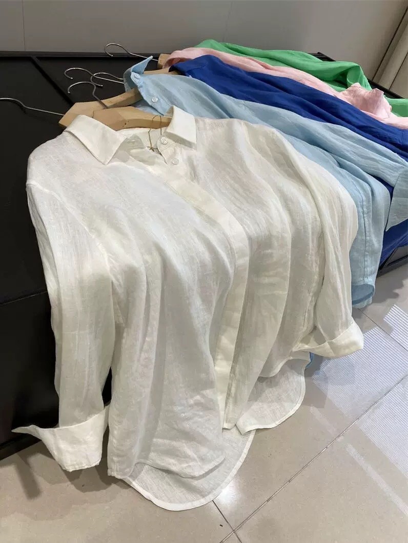 Áo sơ mi linen nữ tay dài phong cách Pháp, chất cotton pha lanh cao cấp, form rộng thoáng mát — màu xanh nhạt chi tiết 11
