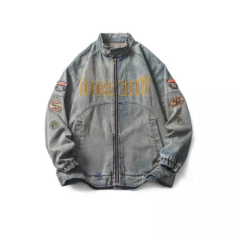 Washed Gray Stand Collar Denim Jacket Men's Spring Retro Trendy Brand Zipper Embroidered Jacket American Harrington Jacket