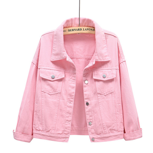 Pink Spring New Color Denim Jacket Women's Short Korean Style Loose BF Long Sleeve Jacket Large Size Casual Top