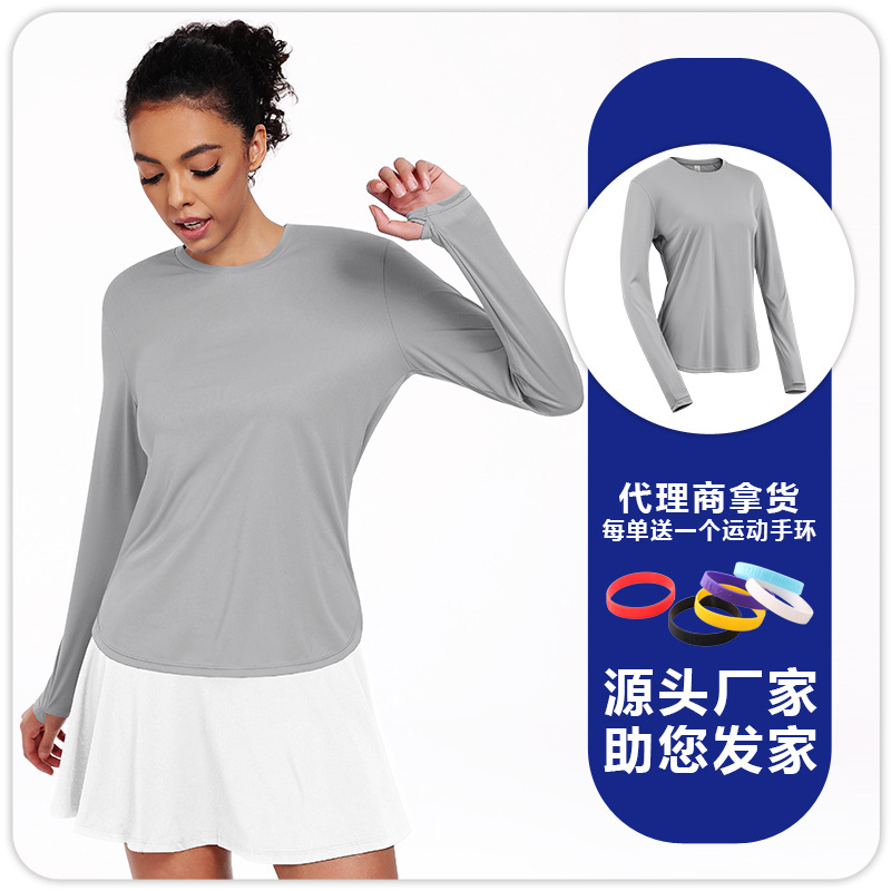 Camiseta de mangas largas protectoras solares de mujer otoño y invierno secado rápido chaqueta deportiva transpirable correr al aire libre acondicionamiento físico con agujeros de dedos ropa de yoga