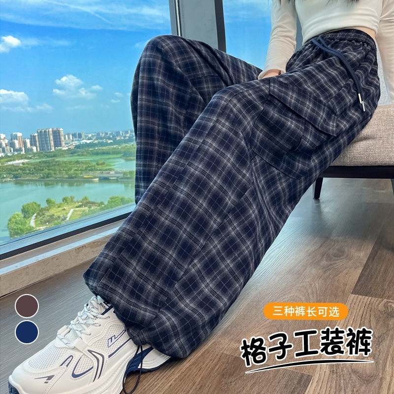 深蓝色格子工装裤女秋冬新款高腰显瘦束脚运动裤小个子休闲阔腿裤|undefined