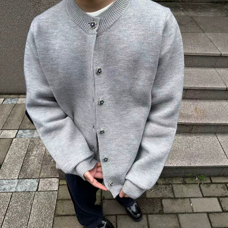 Old money style, gray sweater with rhinestone buttons, cleanfit, old money knit cardigan, outerwear, top