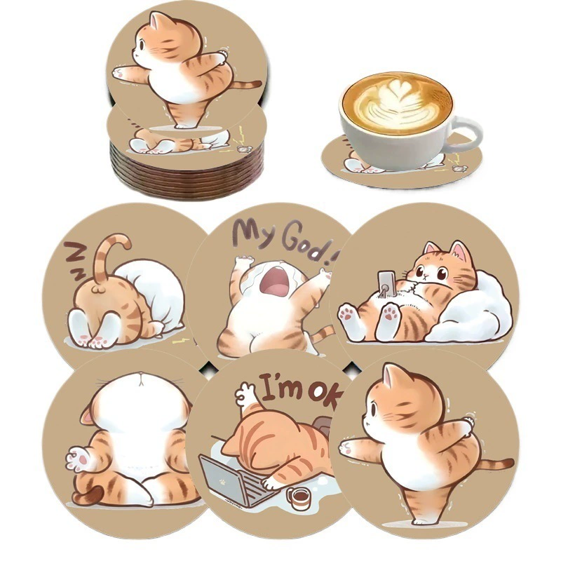 Cute creative wooden hot and cold acrylic decorations, 6 pieces, cat