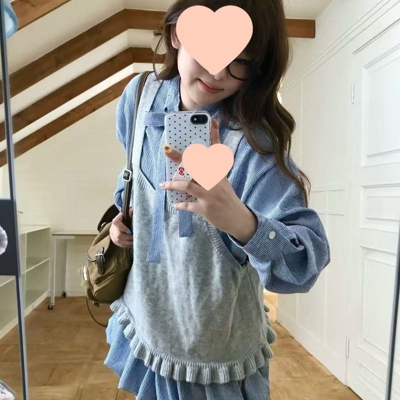 韩系复古格子蝴蝶结系带衬衫裙显瘦花苞裙女背心甜美套装秋季纽扣|undefined