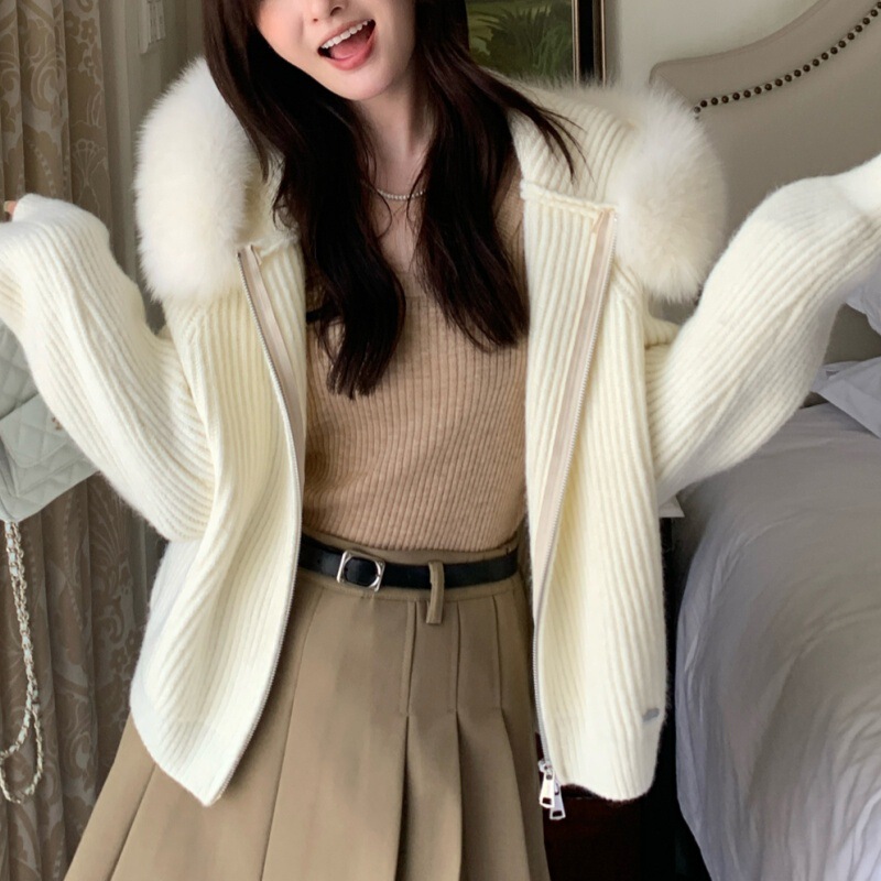 2025 Autumn and Winter Imported Fox Fur Hooded Knitwear Women's Jacket Loose Slimming Look Lazy Style Casual and Versatile