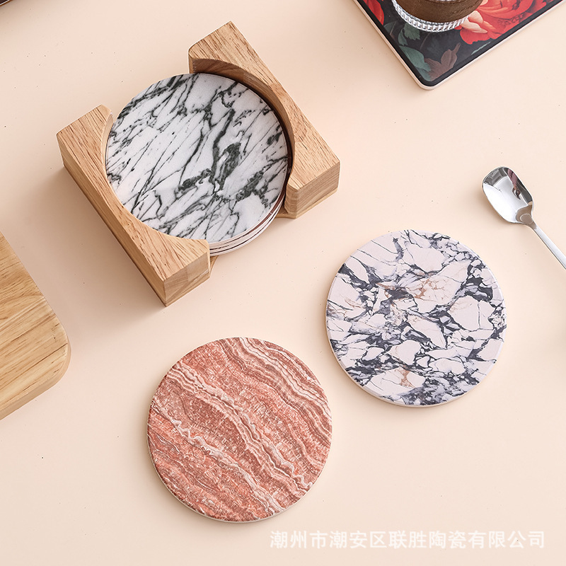 クリエイティブな石の質感の吸水性セラミックコースター卸売 diy 滑り止め断熱 UV 印刷コルク大理石シンプル|undefined