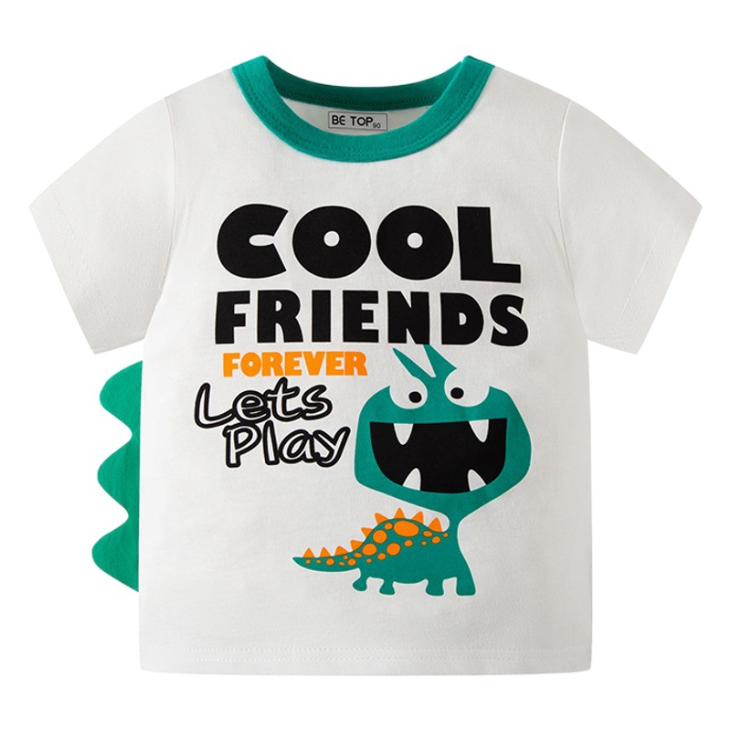 Camiseta de Manga Corta para Niños, Verano 2025, Diseño de Dinosaurio de Dibujos Animados, Cuello Redondo, Algodón Puro, Estilo Coreano, Ropa Infantil al por Mayor