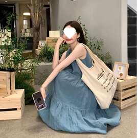 韩系风格夏季小众气质圆领无袖露背系带休闲宽松仿牛仔背心连衣裙