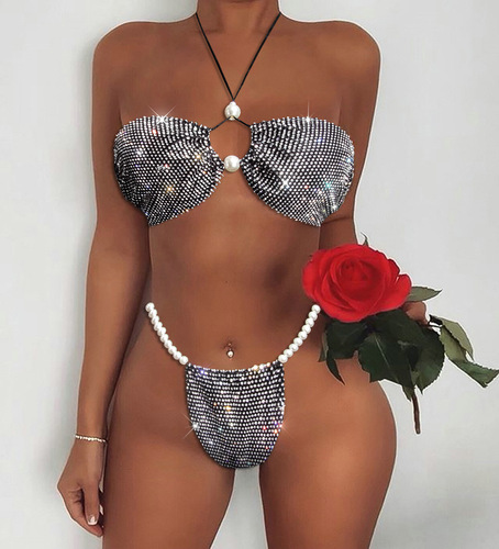 Singer night club cosplay party Bling jazz dance underwear for women gathering chest diamond pearl triangle bikini