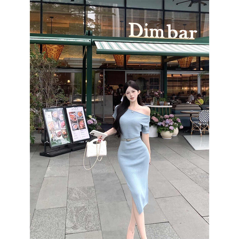 Royal Sister Style Pink Slanted Shoulder Short-Sleeved Dress Women's Summer Knitted Skirt Slim Waist Slit Skirt Hip-Covering Long Skirt