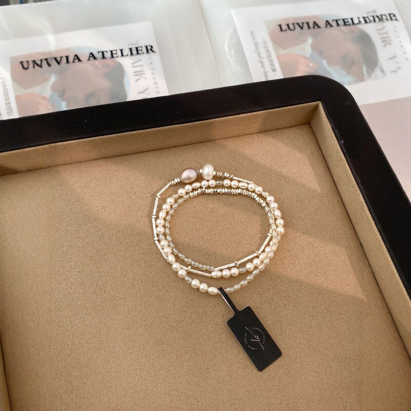 Cross-border Danish-style silver and freshwater pearl three-strand bracelet and necklace set, a versatile and elegant design with a touch of understated luxury