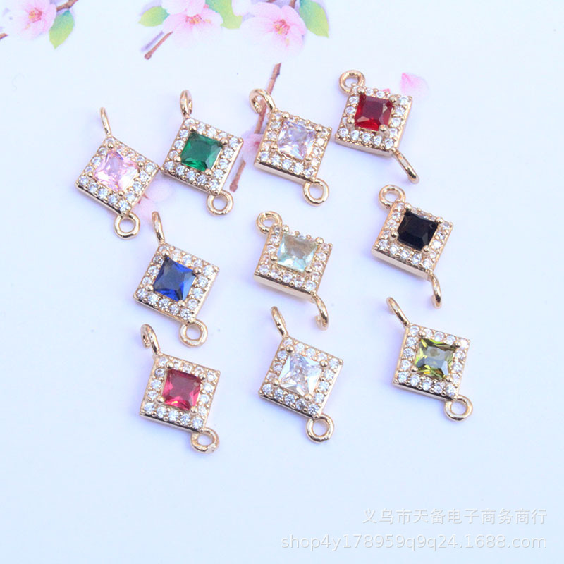 Copper real gold color retaining micro inlaid zircon double pendant square earrings bracelet connection hanging accessories material diy jewelry