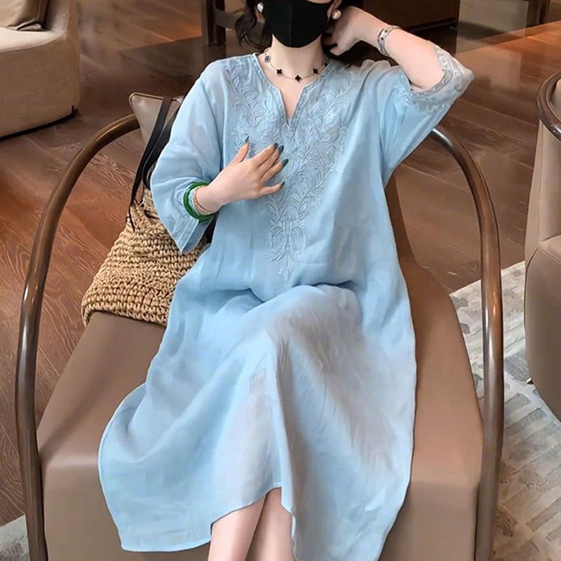 Cotton and Linen Artistic Chinese Style Heavy Embroidery V-Neck Mid-Sleeve Dress Summer New Elegant Retro Skirt for Women