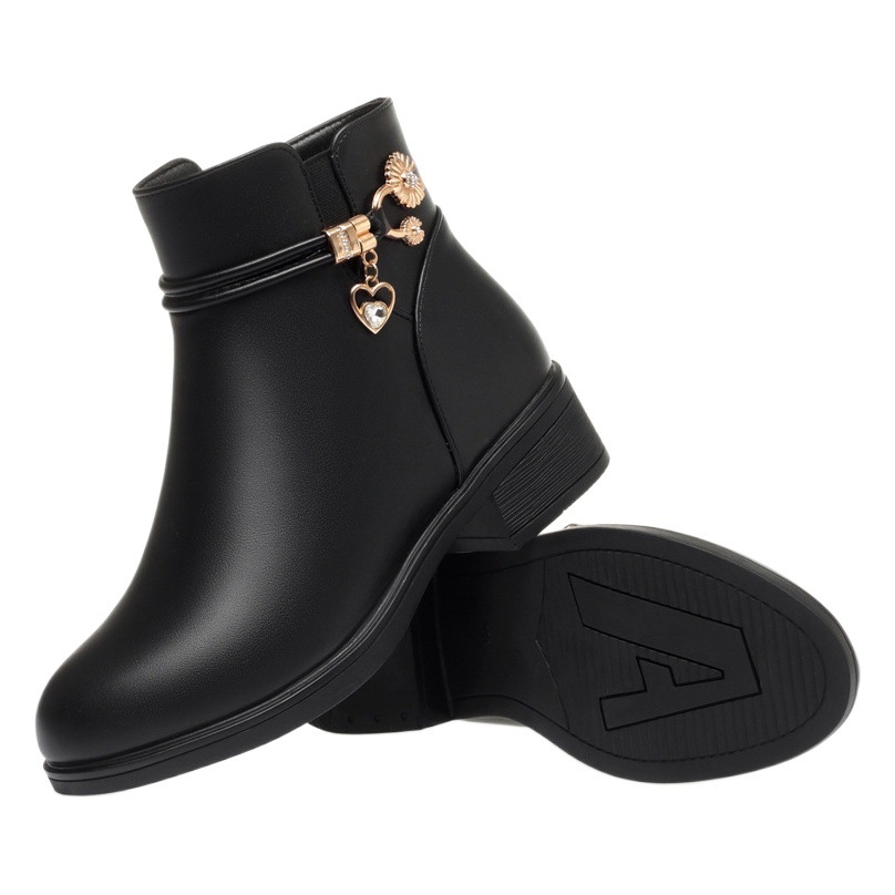 Zapatos de madre zapatos de tacón algodón grueso zapatos de cuero de algodón de Mujer Fondo suave plano botas de tobillo de tacón medio antideslizantes zapatos de mujer de mediana edad y edad avanzada botas de algodón