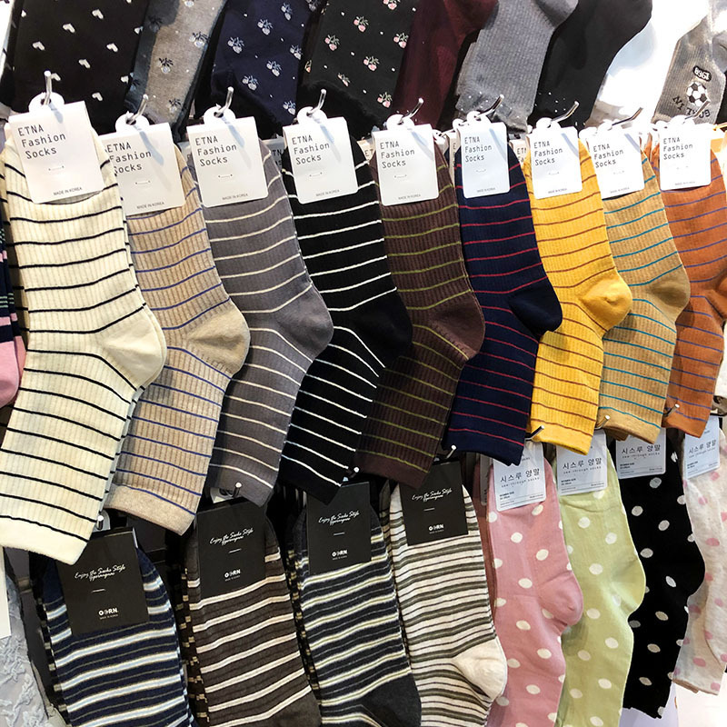 [In Stock] Korean Imported Socks ETNA Autumn New Vintage Style Fine Striped Women's Mid-Calf Versatile Long Cotton Socks