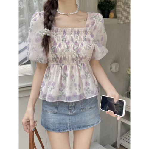 Floral chiffon blouse short sleeve women 2025 summer design sense niche waist French bubble sleeve top