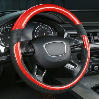 Car Steering Wheel Cover, Non-Slip, Steering wheel cover - carbon-fiber-black-red-38cm