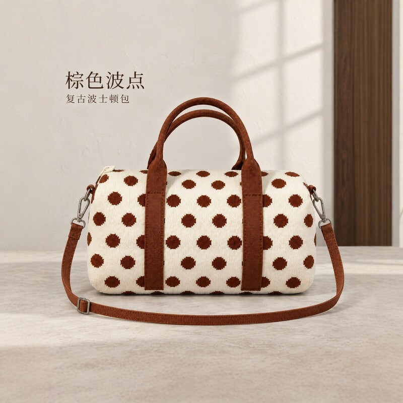 Vintage brown polka dot knitted Boston bag for women, featuring dual handles, adjustable shoulder straps, and a versatile design suitable for commuting and everyday use as a handbag or shoulder bag Vintage brown polka dot knitted Boston bag for women, featuring dual handles, adjustable shoulder straps, and a versatile design suitable for commuting and everyday use as a handbag or shoulder bag