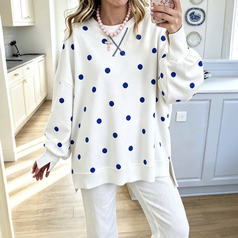 Cross-border European and American independent station 2026 autumn and winter new polka dot print pullover long-sleeve sweatshirt loose casual shirt