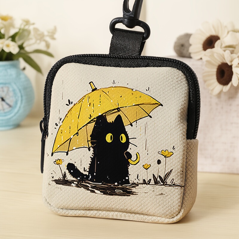 Yellow Umbrella Cat Print Coin Purse Artificial Leather Waterproof Faux Leather Zipper Storage Bag Multifunctional Mini Earphone Bag