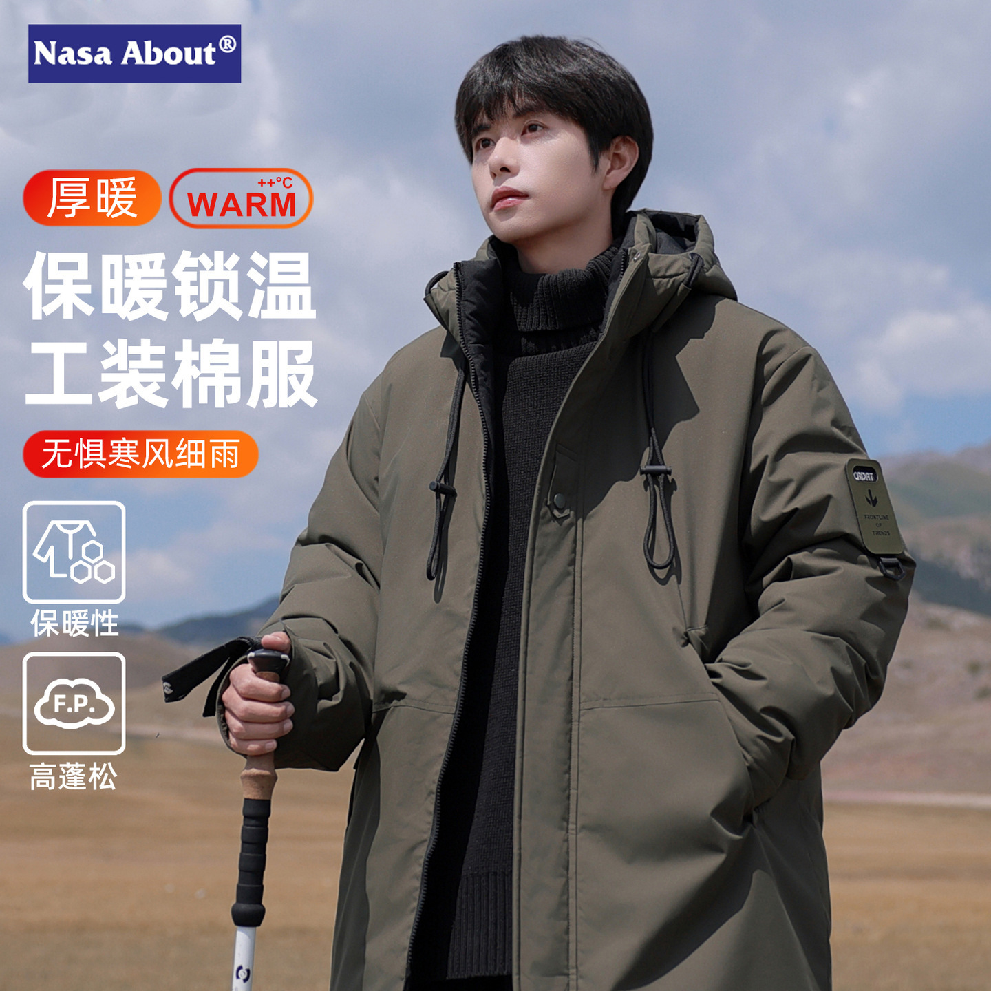NASA中长款潮流工装棉衣秋冬季新款加绒厚棉服保暖大衣棉袄子外套