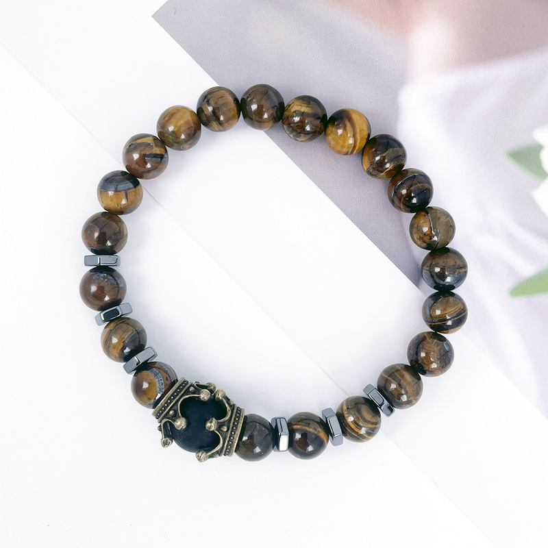 Cross-Border New charm men's bracelet fashion luxury alloy Crown Tiger Eye stone beads bracelet jewelry men