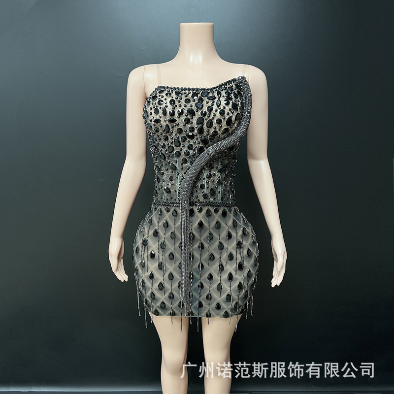 Overseas Popular Stylish Black Bright Diamond Tassel Tube Top Dress Model Catwalk Photo Club Party Dress Overseas Popular Stylish Black Bright Diamond Tassel Tube Top Dress Model Catwalk Photo Club Party Dress