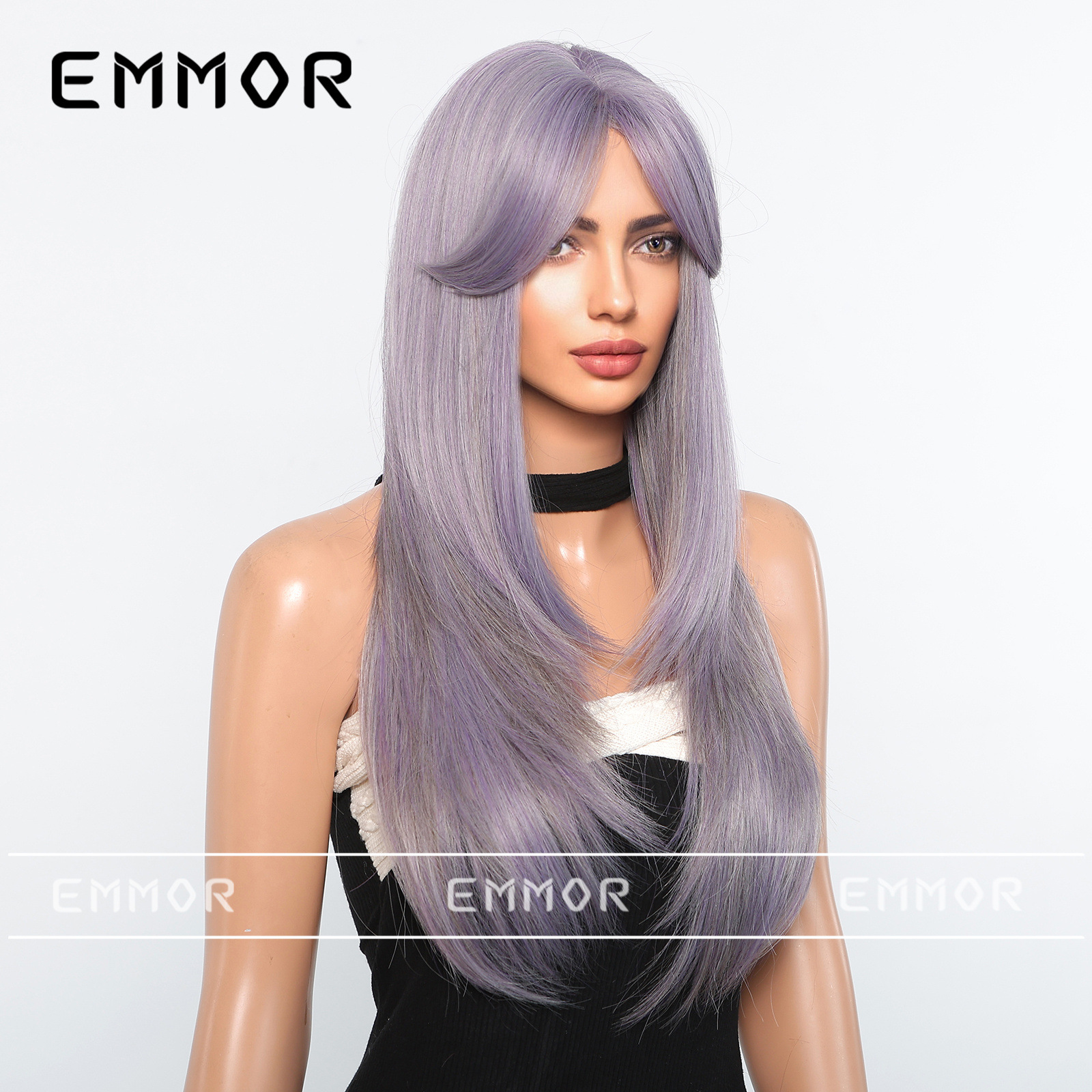 Peluca de estilo europeo y americano para mujer cabello largo cubierta completa de la cabeza celebridad de Internet nuevo flequillo de ocho caracteres de longitud media púrpura y2g nivel largo cabello liso