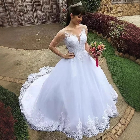 Wedding Dress Spring and Autumn New European and American Clothing Amazon Dress Long-Sleeved Solid Color See-Through Lace Bridal Wedding Dress