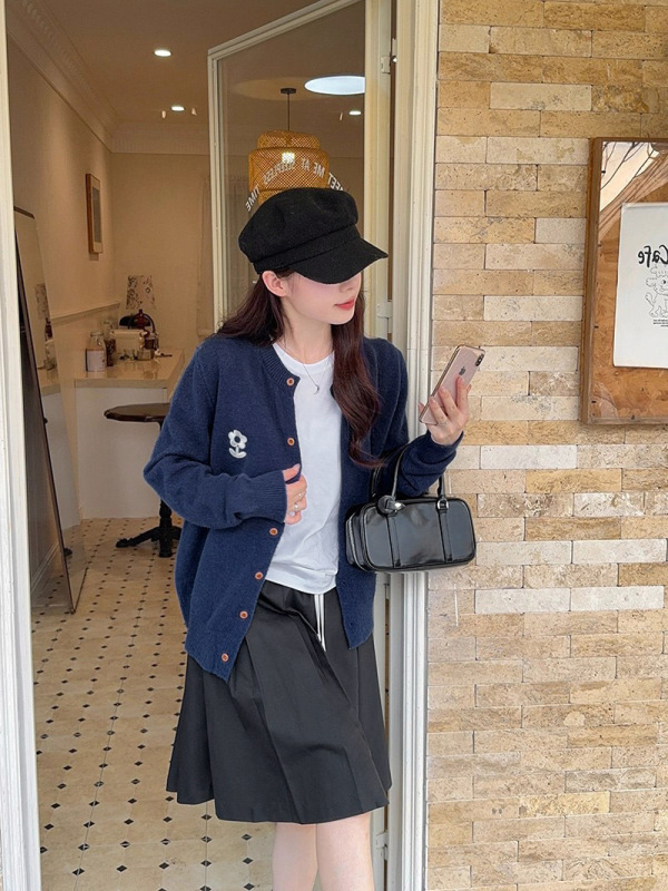 韩系绿色花朵刺绣长袖上衣针织毛衣女装秋季小众百搭休闲开衫外套|undefined