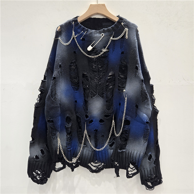 Europa y los Estados Unidos nicho color borrado agujero diseño suéter mujeres coreanas perezosas cadenas de viento pin decoración de cuello redondo jersey image 1