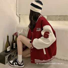 酒红色棒球服少女春秋2024新款初中高中学生美式复古休闲薄款外套