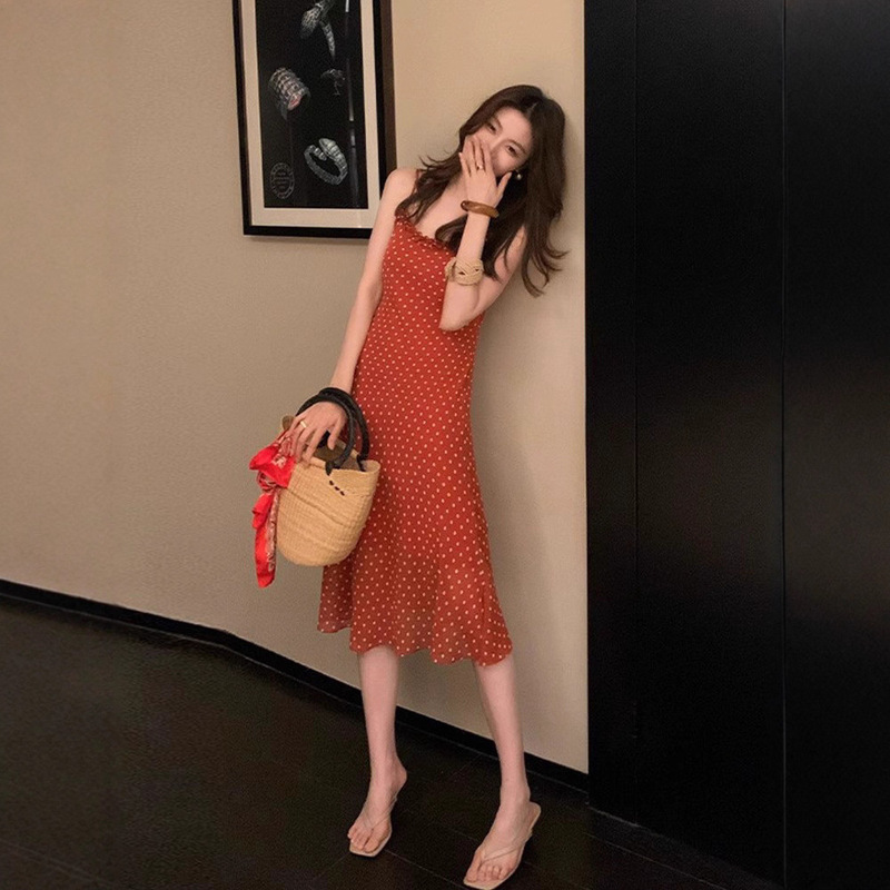 Ok-274 French Retro Red Polka Dot Suspender Dress Women's Summer New Elegant Waist Slimming Look Long Skirt Ok-274 French Retro Red Polka Dot Suspender Dress Women's Summer New Elegant Waist Slimming Look Long Skirt